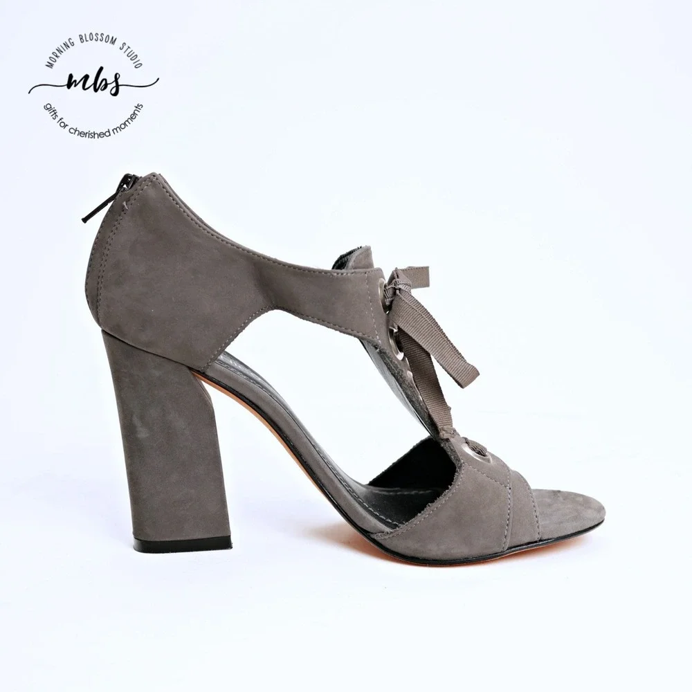 Klub Nico Tinka‎ Open Casual Chic Suede Block Lace-Up Heeled Sandals Grey 7